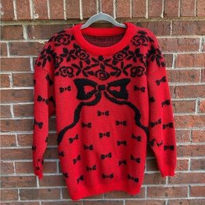 Vintage 90s 80s Red Bow Knit Sweater Size Large Women’s